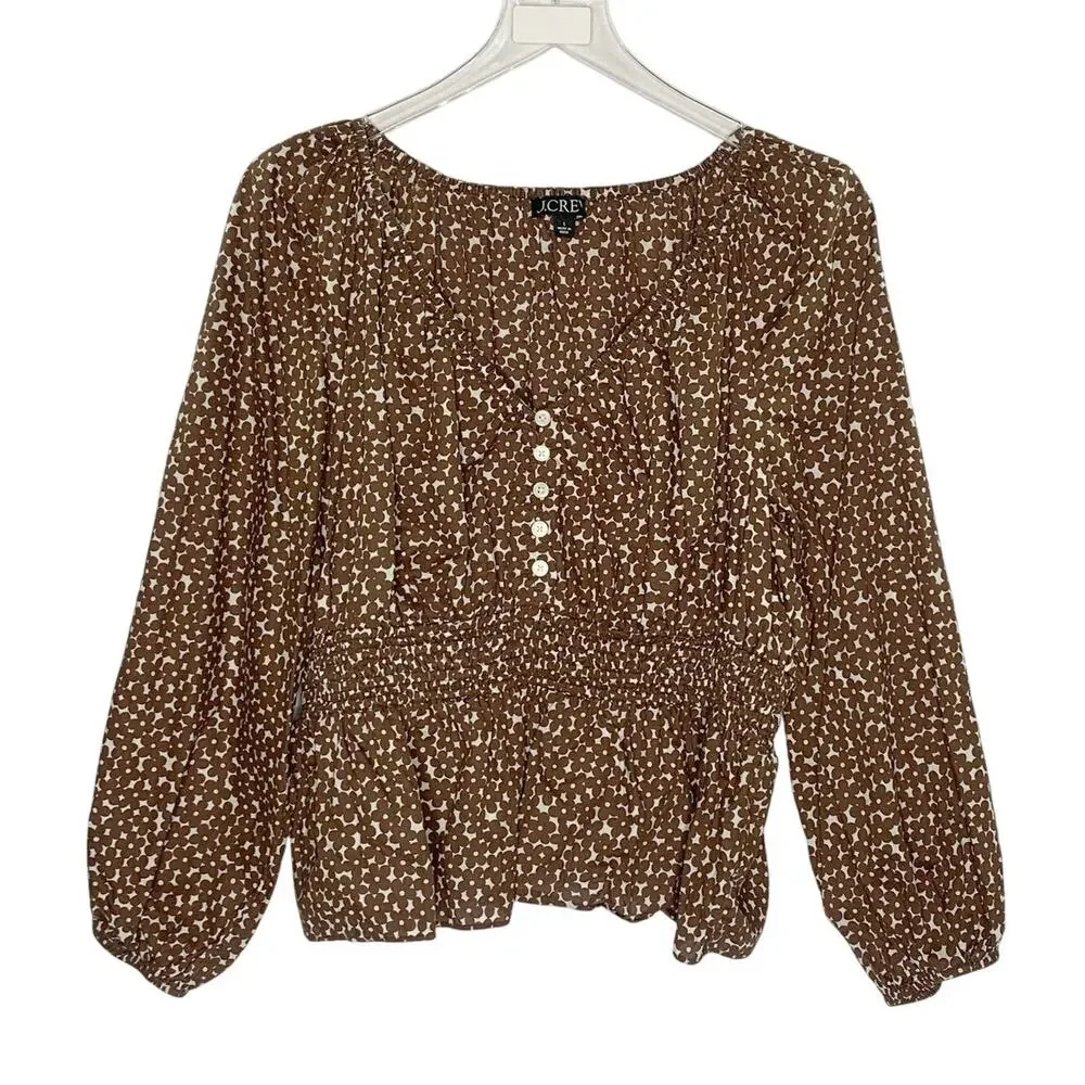 J. Crew V-Neck Smocked Waist Top L Brown Mocha Floral Boho